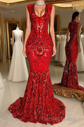 Glittery Long Red Mermaid Sleeveless Prom Dresses Sequin