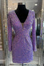 Purple Lace Up Sequins Plunging V Neck Long Sleeves Sheath Homecoming Dresses