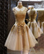 Gold Lace High Neck Short Prom Dress, Homecoming Dresses