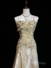 Gold A-Line Spaghetti Strap Satin Lace Long Prom Dresses With Beaded Appliques