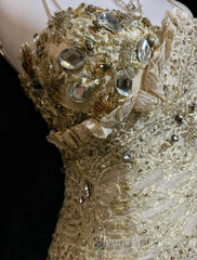 Gold A-Line Spaghetti Strap Satin Lace Long Prom Dresses With Beaded Appliques