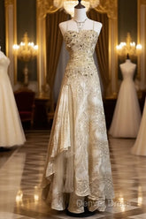 Gold A-Line Spaghetti Strap Satin Lace Long Prom Dresses With Beaded Appliques