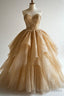 Gold A Line Sweetheart Tulle Sequin Long Ball Gowns, Elegant Prom Dresses