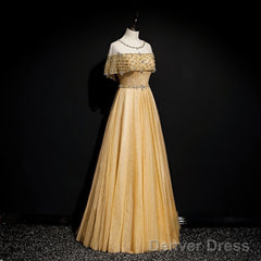 Gold A-Line Tulle Beading Sequins Long Prom Dress Lotus Leaf Sleeve Evening Dress
