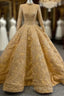 Gold Appliques Sequins High Neck Long Sleeve Prom Dresses