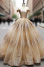 Gold Ball Gowns Off The Shoulder Sequins Floor Length Wedding Dresses