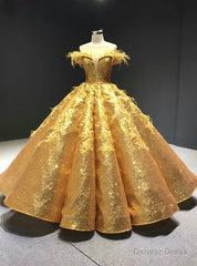 Gold Ball Gown Sequins Appliques See Through V-neck Prom Dress With Feather