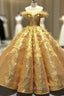 Gold Ball Gowns Sequins Appliques See Through V Neck Prom Dresses With Feather