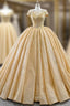 Gold Ball Gowns Sequins Cap Sleeve Appliques Prom Dresses