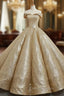 Gold Ball Gowns Sequins Off The Shoulder Appliques Wedding Dresses