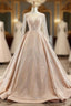 Gold Ball Gowns Tulle Sequins Long Sleeve Backless Prom Dresses
