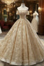 Gold Ball Gowns Tulle Sequins Off The Sholuder Short Sleeve Wedding Dresses