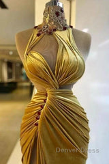 Gold Evening Dresses Sheath High Collar Velvet Beaded Slit Long Turkey Dubai Saudi Arabic Evening Gown Prom Dresses