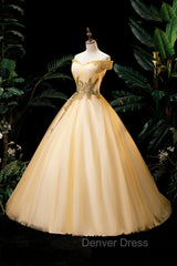Gold Floor Length Tulle Beading Formal Dresses, Lovely Off the Shoulder Evening Party Dresses