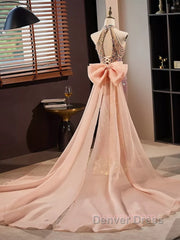 Gold Halter Beading Sequin Mermaid Prom Dresses With Detachable Bow