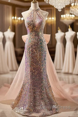 Gold Halter Beading Sequin Mermaid Prom Dresses With Detachable Bow