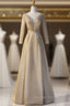 Gold Illusion V Neck Beading Short Sleeve Prom Dresses