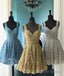 Gold Lace V Neck Knee Length Prom Homecoming Dresses