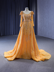 Gold Long Sleeve Beading Prom Dress With Detachable Train