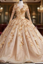 Gold Long Sleeves Wedding Dresses Ball Gowns Lace Embroidery