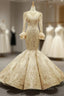 Gold Mermaid Satin Lace Appliques Long Sleeve Luxury Prom Dresses
