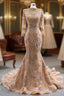 Gold Mermaid Sequins High Neck Pearls Prom Dresses