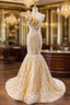 Gold Mermaid Tulle Sequins One Shoulder Long Prom Dresses