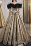 Gold Off the Shoulder Black Flower Prom Dresses