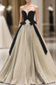 Gold Pleats Strapless Black Velvet Prom Dresses