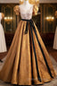Gold Puff Sleeve Square Sequins Prom Dresses