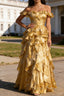 Gold Ruffled A-Line Square Neck Long Prom Dresses