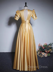 Gold Satin A-Line Short Sleeves Floor Length Party Dresses, Gold Simple Formal Dresses