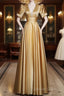 Gold Satin A Line Short Sleeves Floor Length Prom Dress, Gold Simple Prom Dresses
