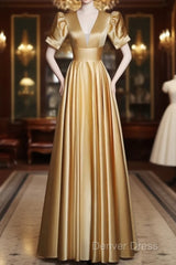 Gold Satin A-Line Short Sleeves Floor Length Party Dresses, Gold Simple Formal Dresses
