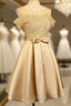 Gold Satin Appliques With Bow Homecoming Dresses