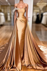 Gold Satin One Shoulder Overskirt Prom Dresses