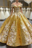 Gold Sequins Ball Gowns Appliques Prom Dresses