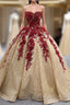 Gold Sequins Burgundy Appliques Strapless Prom Dresses