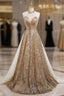 Gold Sequins Halter Backless Beading Prom Dresses