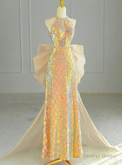 Gold Sequins Halter Backless Prom Dress
