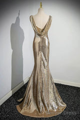 Gold Sequins Long Prom Dress, Mermaid One Shoulder Evening Party Dress