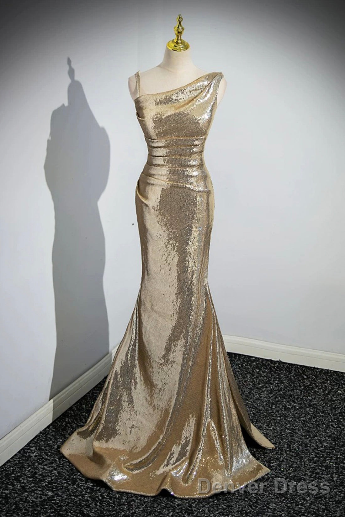 Gold Sequins Long Prom Dress, Mermaid One Shoulder Prom Dresses