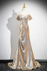 Gold Sequins Long Prom Dress, Shiny Off The Shoulder Backless Evening Party Dress