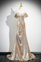 Gold Sequins Long Prom Dress, Shiny Off The Shoulder Backless Evening Party Dress