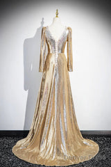 Gold Sequins Long Prom Dress, Shiny V-Neck Long Sleeve Evening Party Dress