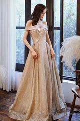 Gold Sequins Off The Shoulder Prom Dress, Shiny A-Line Evening Party Dress