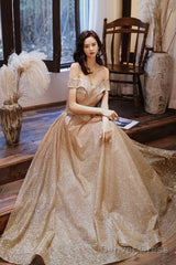 Gold Sequins Off The Shoulder Prom Dress, Shiny A-Line Evening Party Dress
