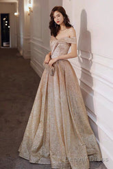 Gold Sequins Off The Shoulder Prom Dress, Shiny A-Line Evening Party Dress