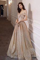 Gold Sequins Off The Shoulder Prom Dress, Shiny A-Line Evening Party Dress
