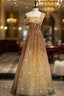 Gold Sequins One Shoulder Pleats Corset Prom Dresses